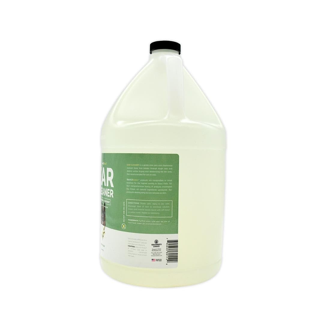 Bark2Basics dog ear cleaner in a gallon bottle with natural witch hazel and aloe, suitable for gentle ear cleaning for dogs.