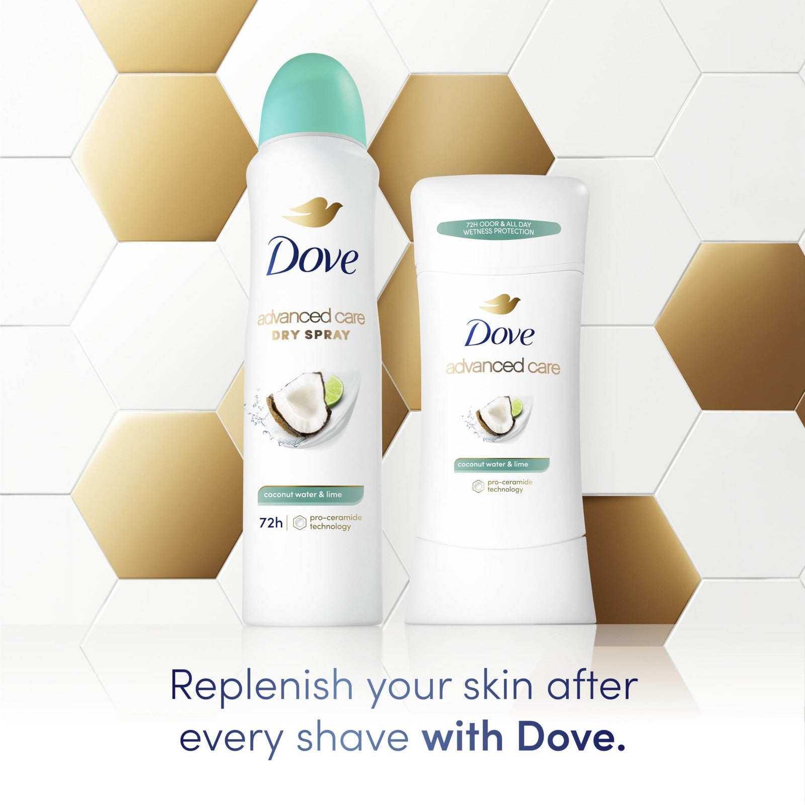 Dove Advanced Care antiperspirant deodorant stick with coconut water and lime scent, showing the white stick in its packaging.