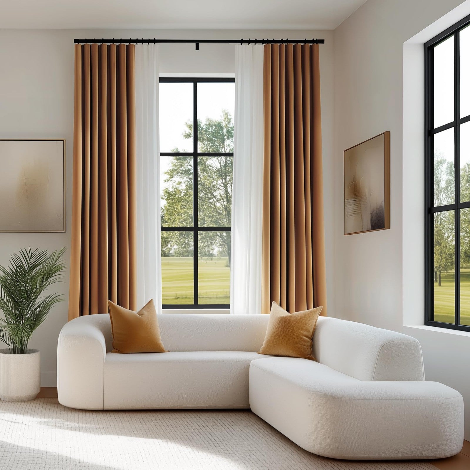 FMFUNCTEX velvet blackout curtains in gold brown with thermal insulation, ideal for bedroom windows, block light and enhance privacy.