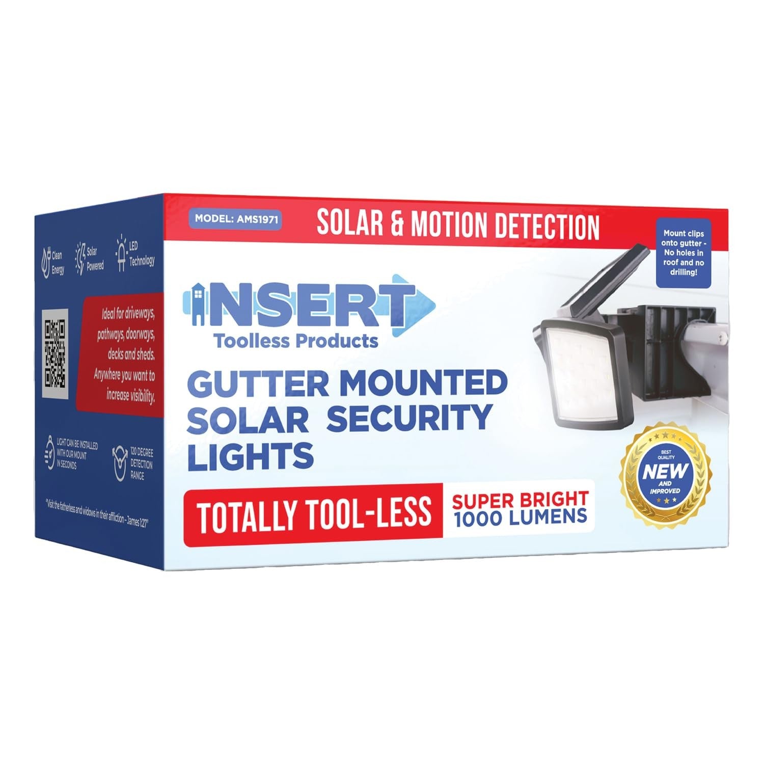 TOOLESS AMS1971 1000-Lumen gutter-mount triple-head solar security light mounted on a gutter, outdoor security lighting at night