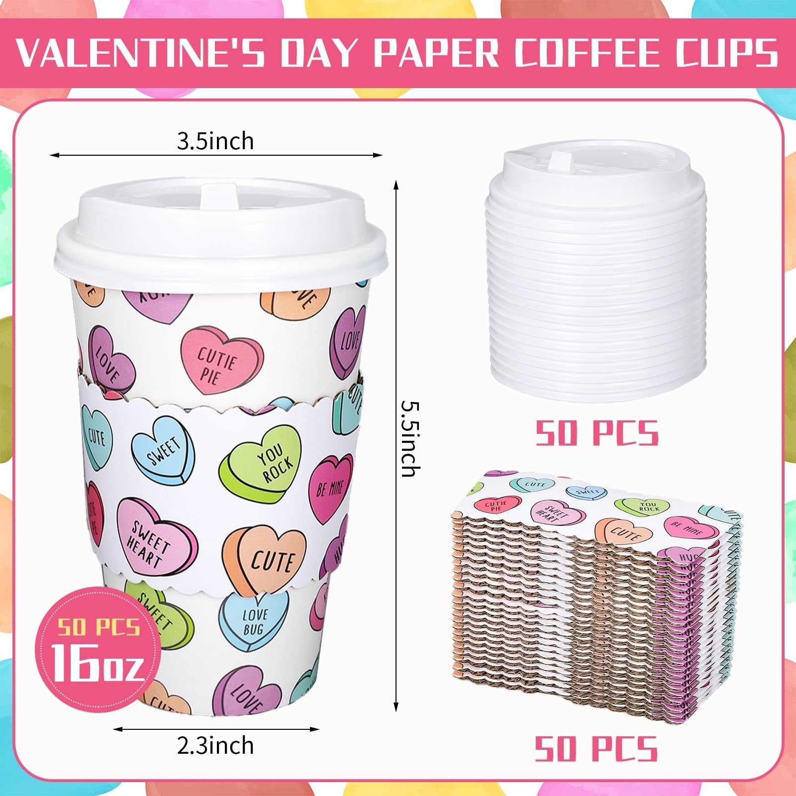 Whaline 50-pack colorful disposable coffee cups with lids and sleeves, ideal for Valentine's Day celebrations.