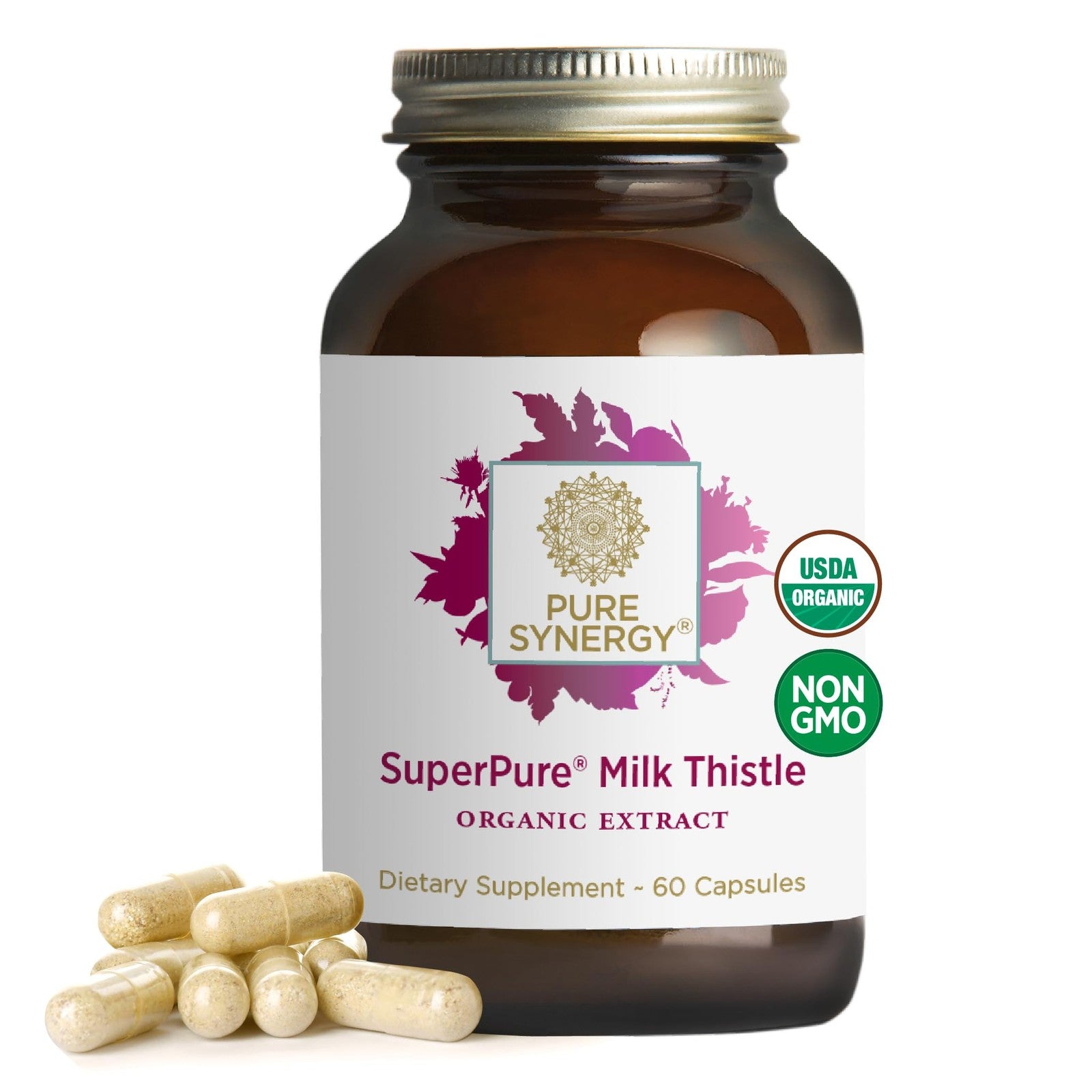 Pure Synergy SuperPure Milk Thistle extract bottle, dietary supplement for liver detox and cleansing, on a white background.