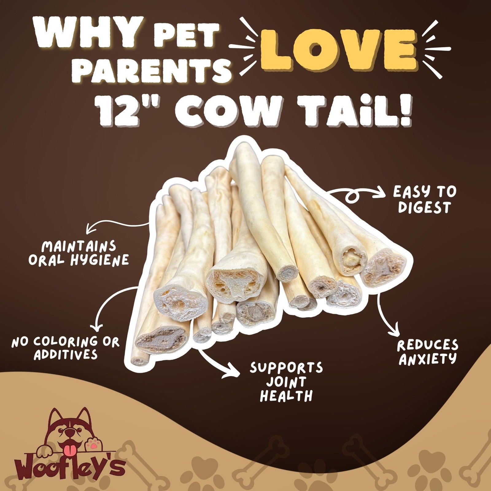 Woofley's 12-inch cow tail dog chews showing high-protein ox tail bones in a 25-pack, suitable for strong chewers.