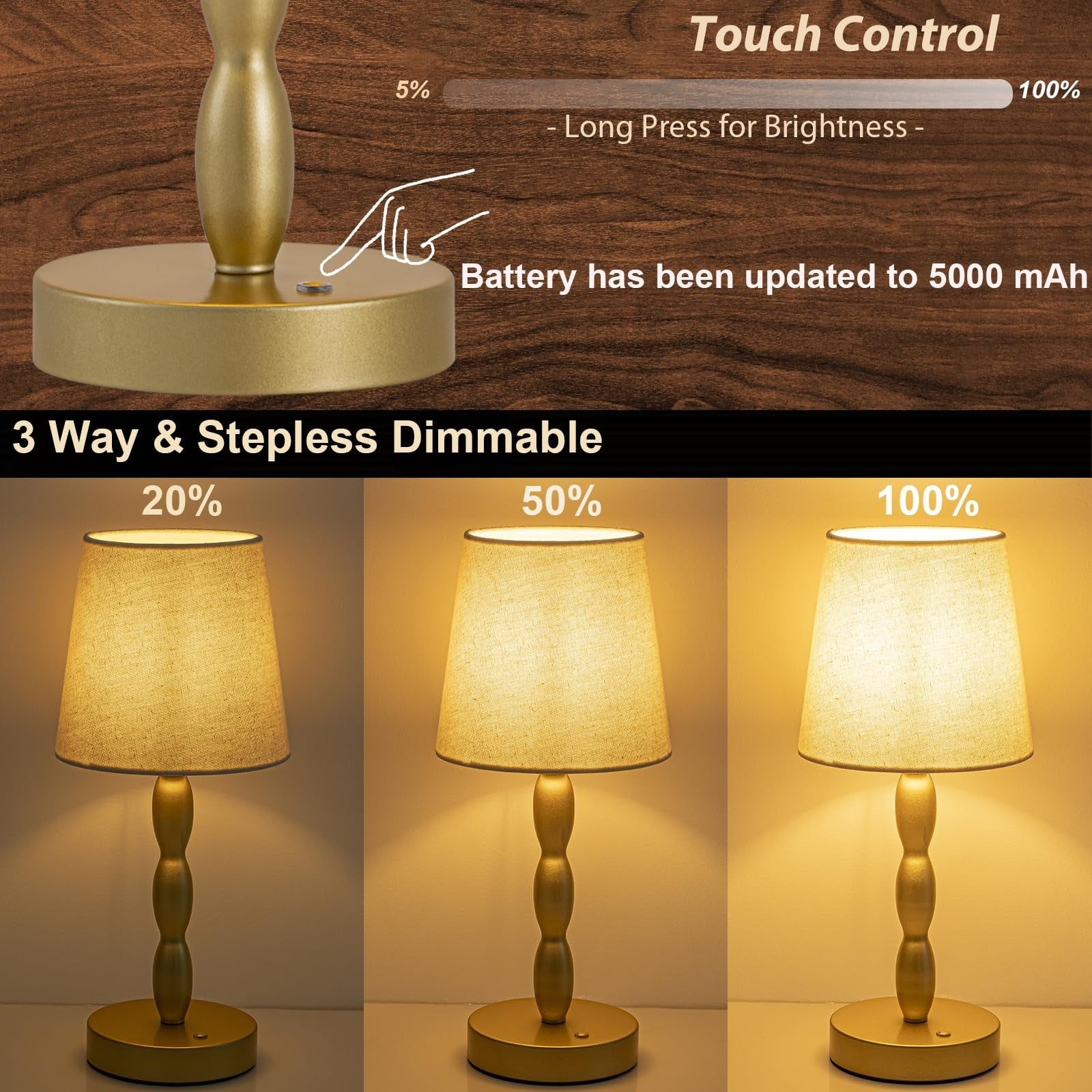 CASTLELIFE portable cordless table lamp with touch control, rechargeable battery, ideal for desk or bedside lighting.