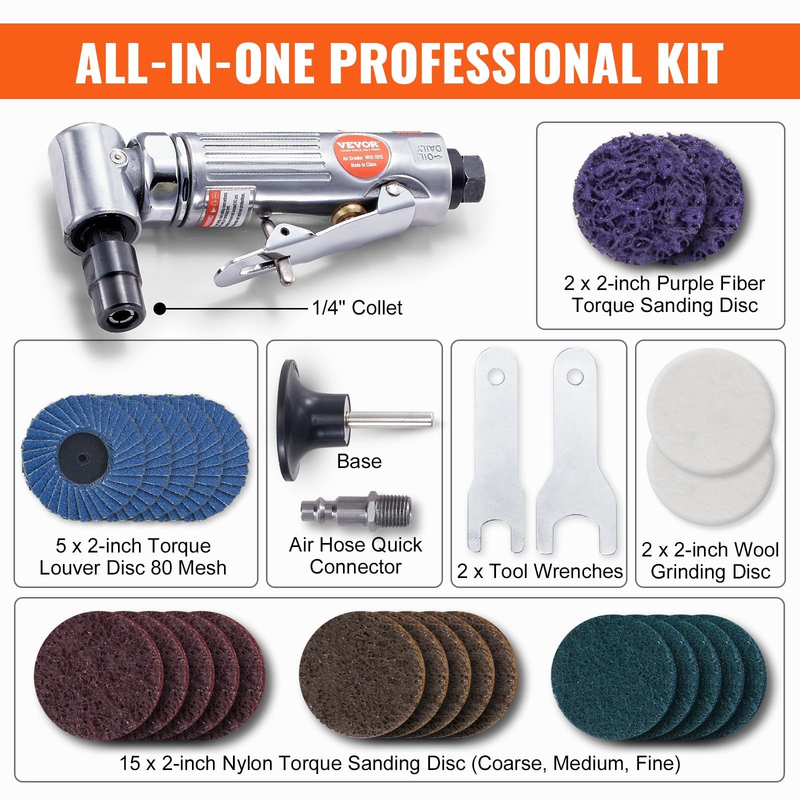 VEVOR 1/4-inch right angle air die grinder with 20,000 RPM, lightweight design, ball bearing for smooth operation.