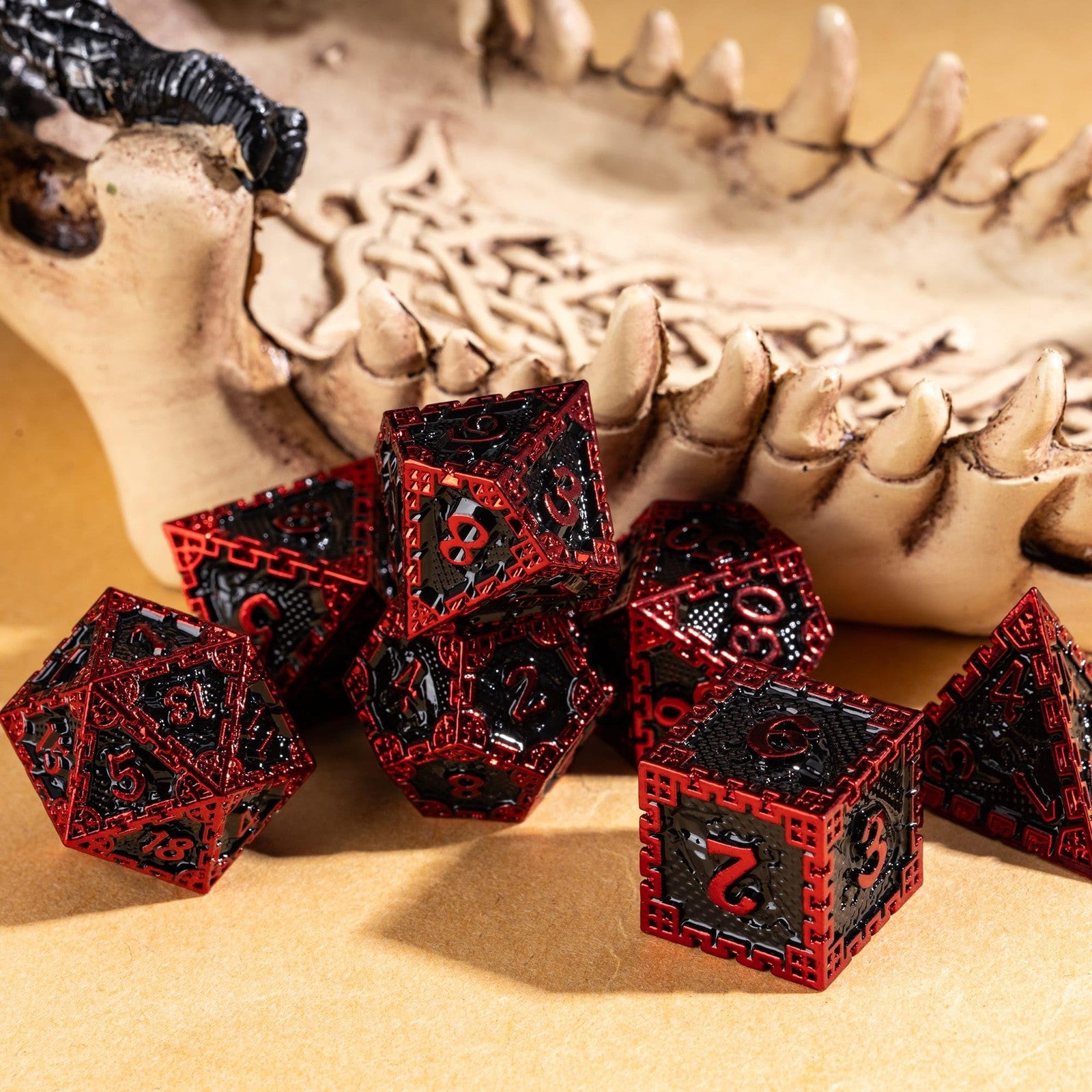 UDIXI Metal DND Dice Set with 7 polyhedral metal dice for tabletop gaming, featuring a dragon design and a gift box.