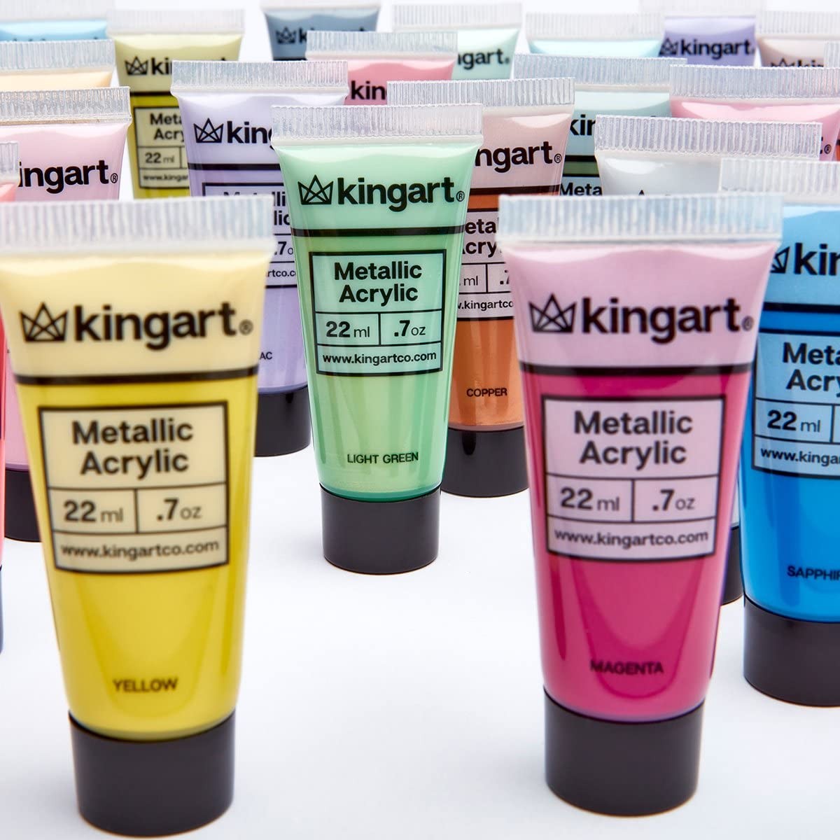 KINGART metallic acrylic paint set with 24 colorful 0.74 oz/22 ml tubes arranged in a display tray