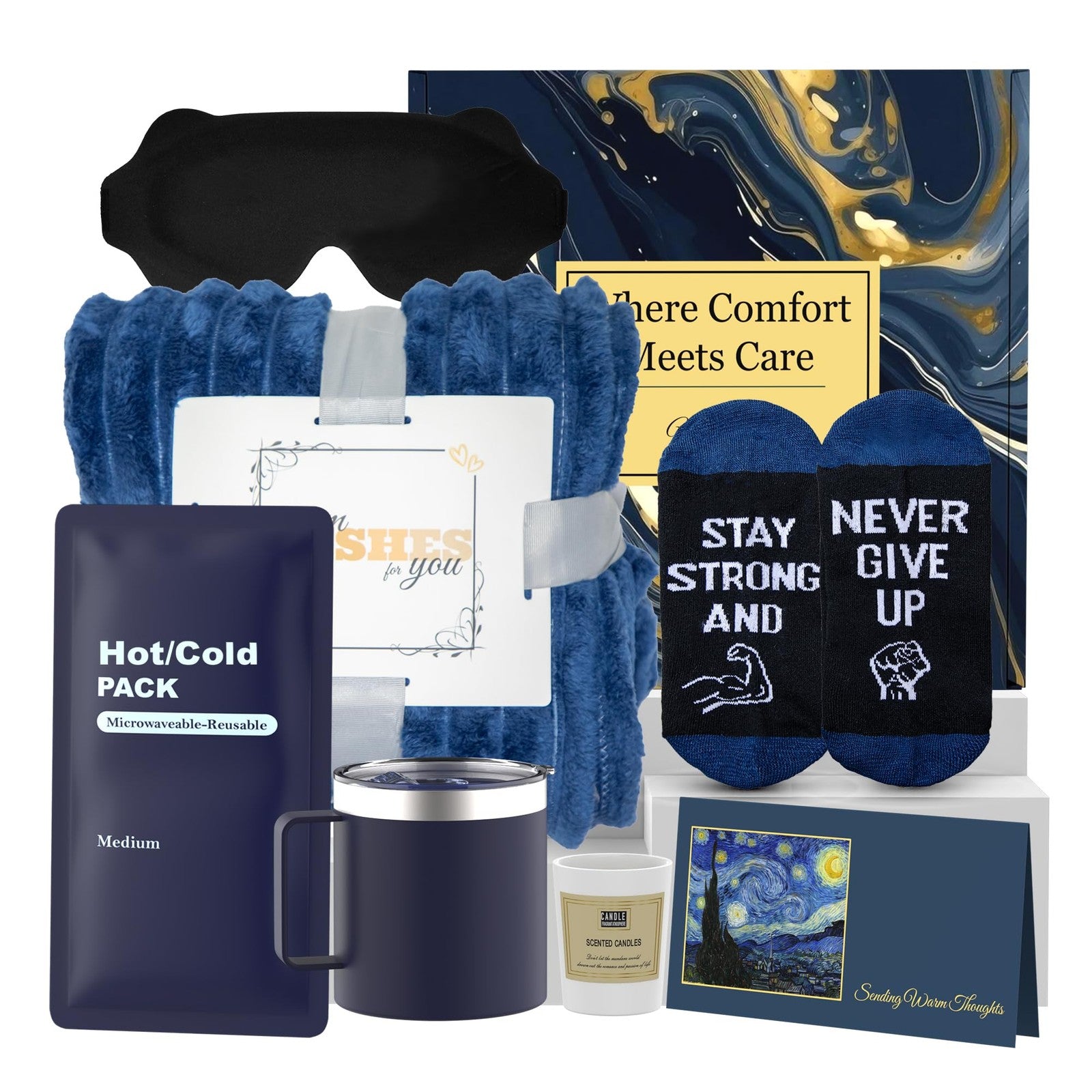 HomeHarbor Collections men's Get Well Soon gift basket with snacks, beverages, and wellness items in a care package.