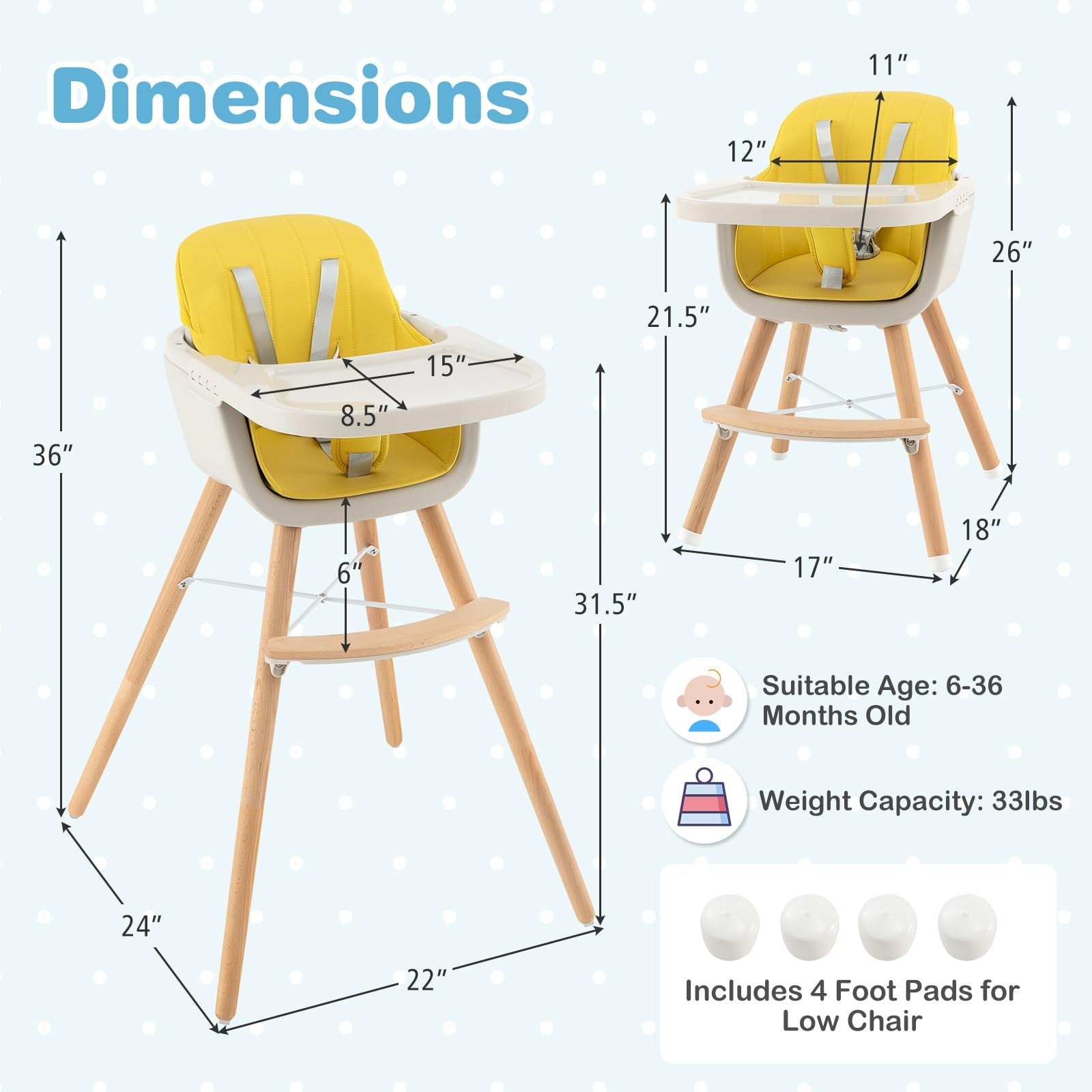 Honey Joy 3-in-1 wooden high chair for toddlers, featuring a removable booster seat and adjustable height for growing children.