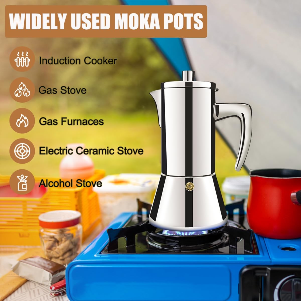 DITOSH 12-cup stainless steel moka pot for stovetop espresso brewing, featuring a sleek stainless steel design and ergonomic handle.