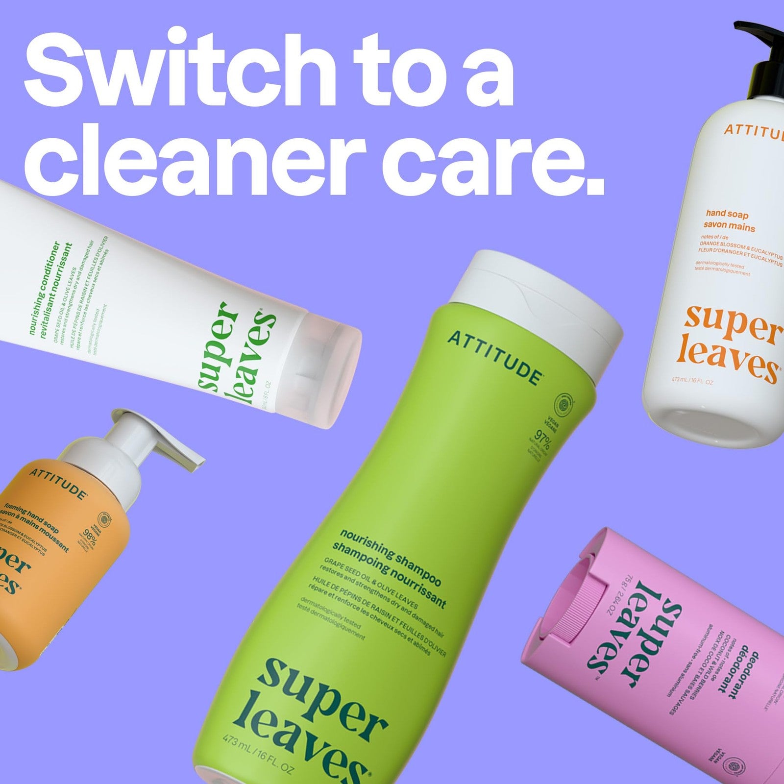 Bottle of ATTITUDE Volume & Shine Shampoo for thin hair, EWG Verified, with natural orange blossom scent.