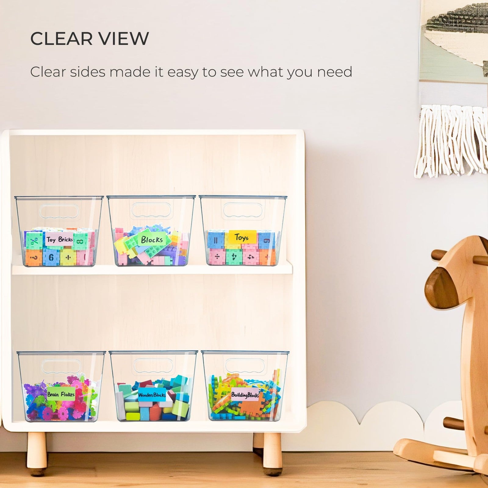 Stackable plastic toy storage bins by Rolheit with clear lids, ideal for organizing kids' toys and keeping play areas tidy.
