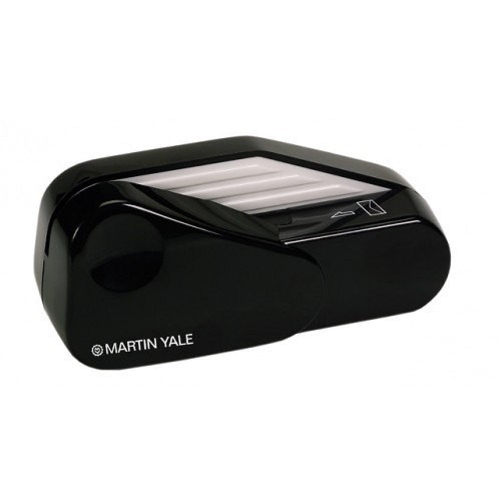 Martin Yale Model 1624 handheld battery-operated letter opener in black, shown in use for opening envelopes.