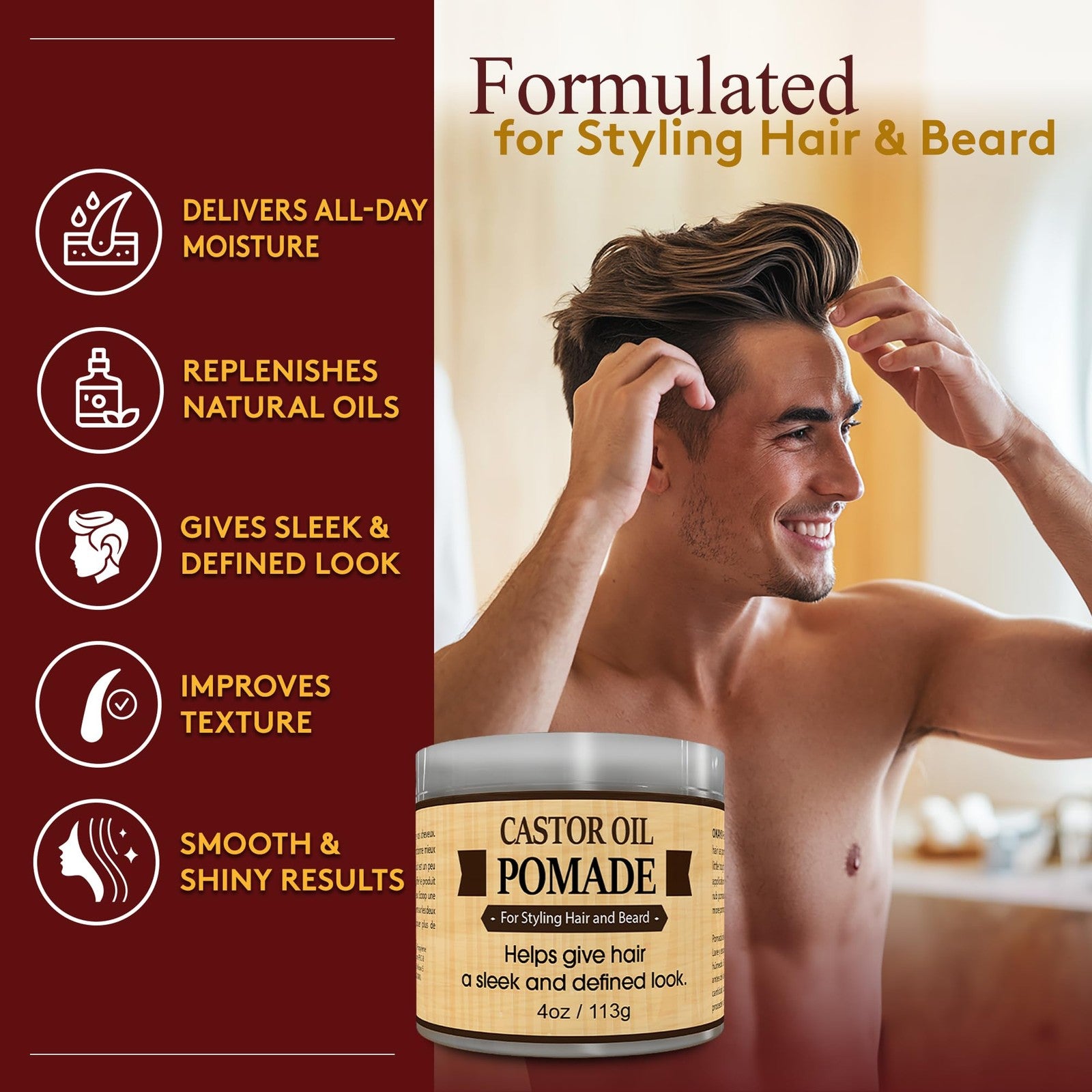 Okay-MEN Castor Oil Beard and Hair Pomade, natural-looking men's styling product in a jar, with a smooth, shiny texture.