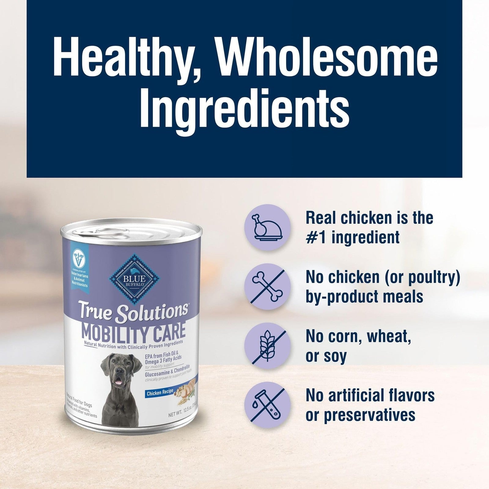Blue Buffalo True Solutions Mobility Care wet dog food for adult dogs in a blue and white can with dog food and labels visible.