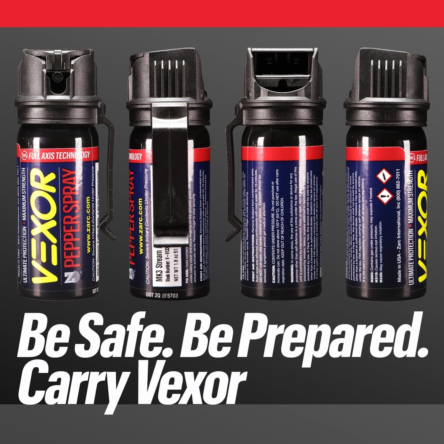 Zarc Vexor Pepper Spray with belt clip for self-defense, shown in a 3-pack, compact and portable for personal safety.