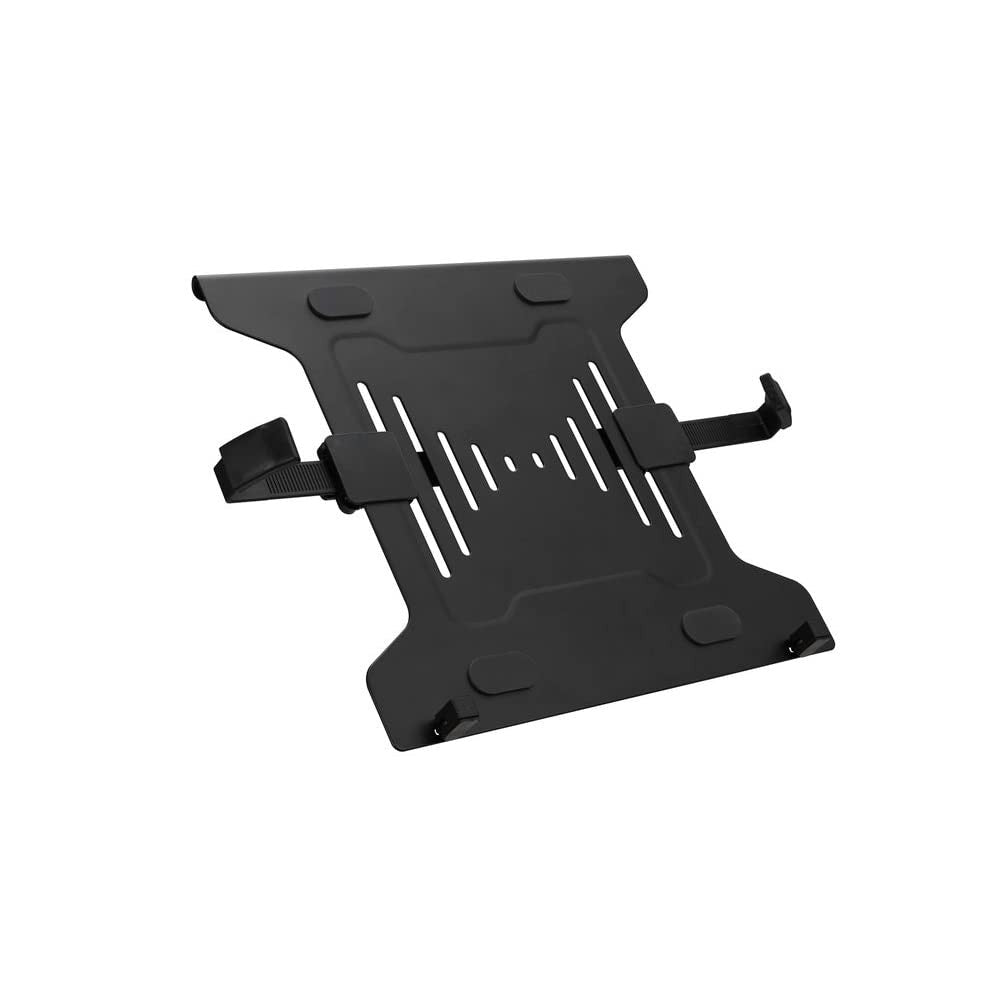 Kensington laptop holder designed for VESA-mount monitor arms, securely holding laptops in ergonomic workspace setups.