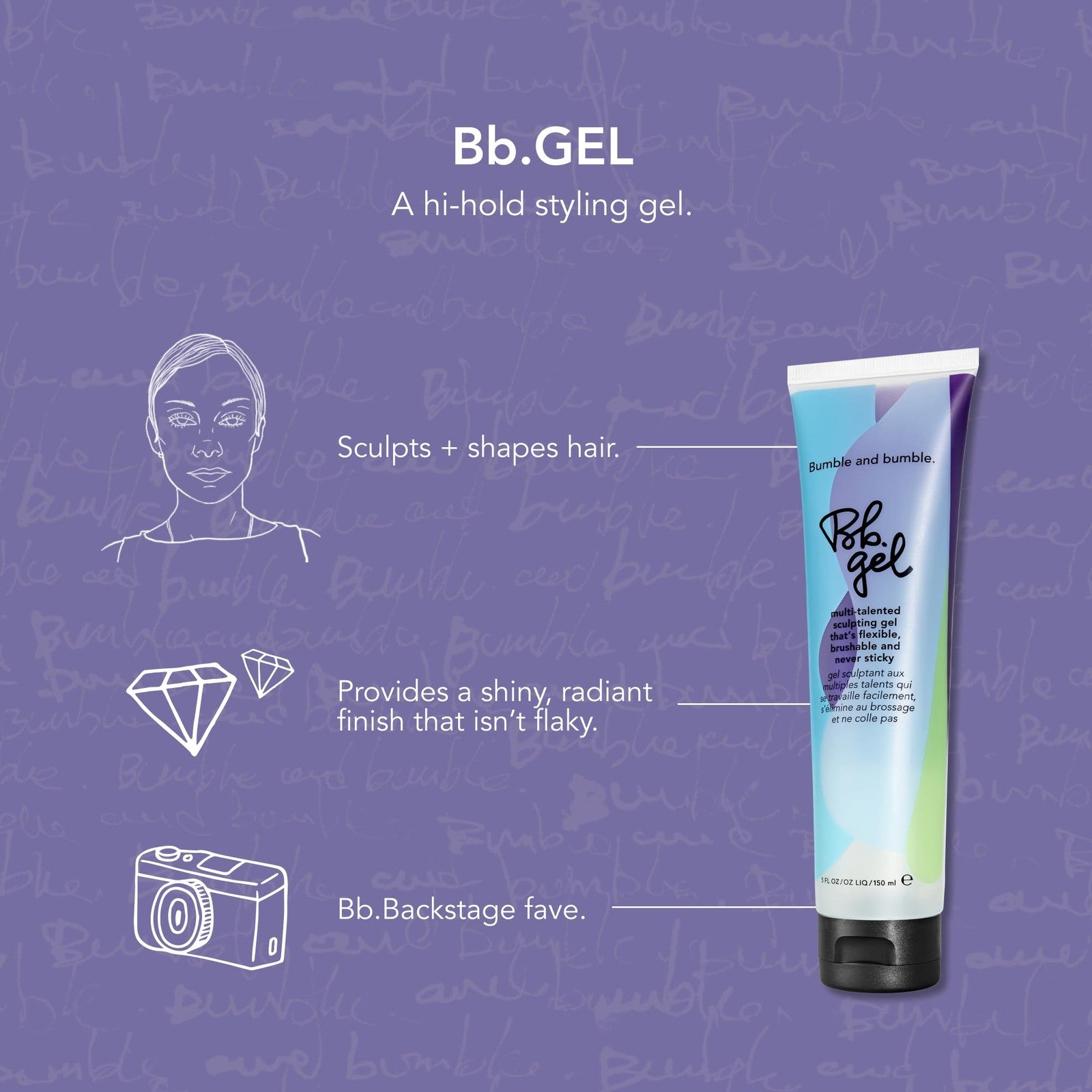 Bumble and bumble hair gel with medium hold, showcasing shiny, sculpted curly and wavy hair in a natural style.