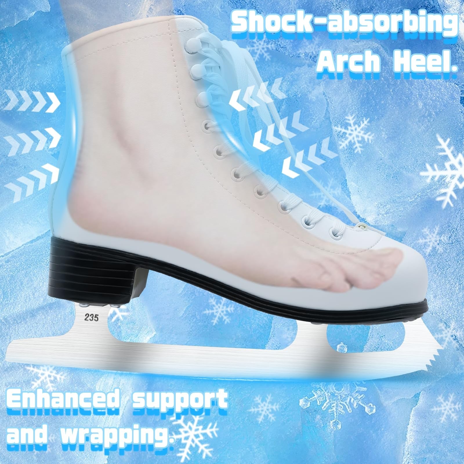 SMOOJOY classic ice figure skates for women and men with white laces, suitable for indoor and outdoor ice skating.