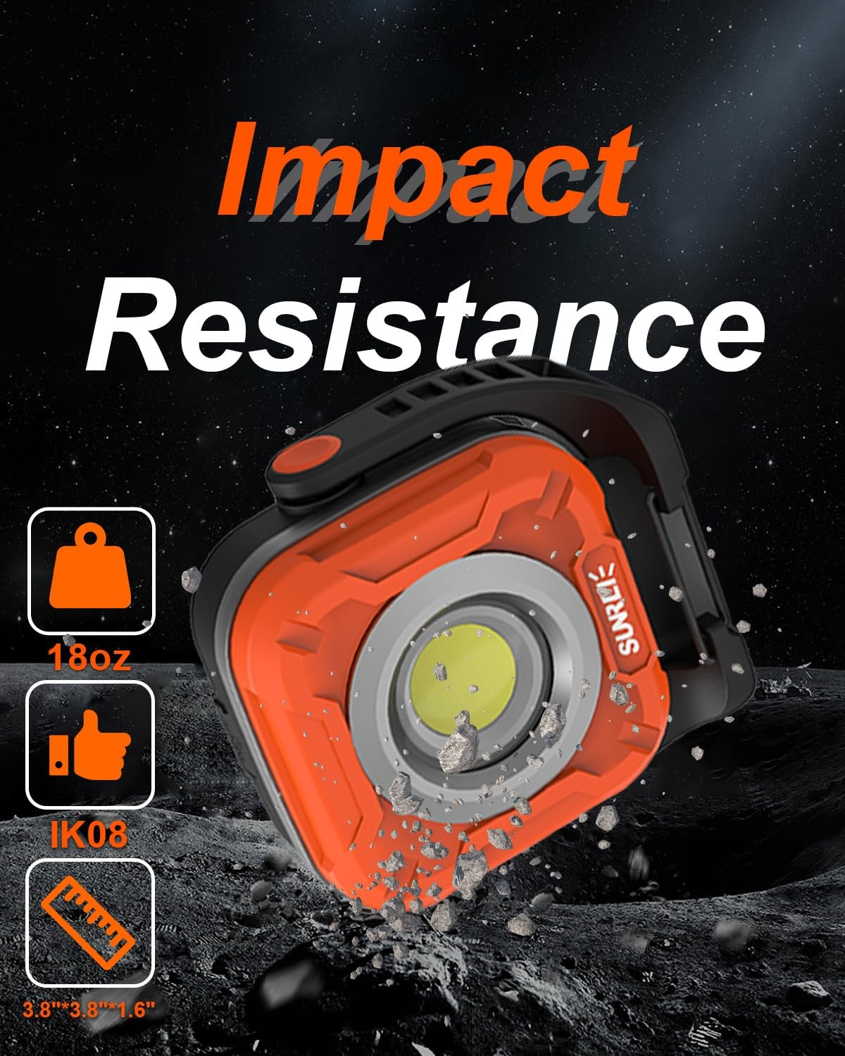 SUNREI 1300LM LED magnetic work light with stepless dimming and 7800mAh COB mechanic LED, shown with adjustable stand and magnetic base.