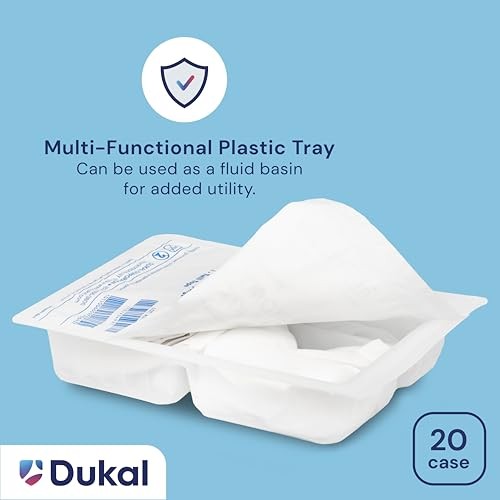 Sterile Dukal Trach Care Kit with 20 disposable medical supplies for tracheostomy care and maintenance.