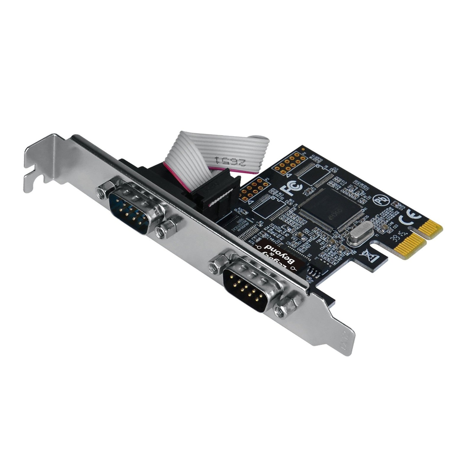 SIIG Legacy and Beyond Series 2 Port Serial PCIe Card with 16C55 chip, showing dual RS-232 serial ports on the circuit board.