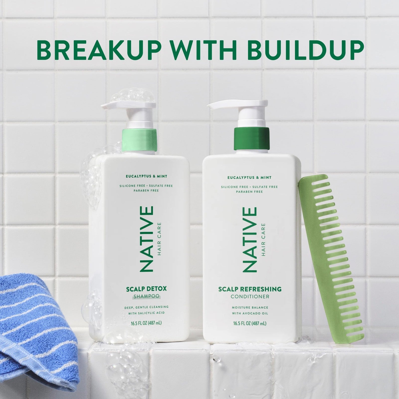 Native Scalp Detox Shampoo and Conditioner set with eucalyptus and mint, featuring naturally derived ingredients, shown in bottles.