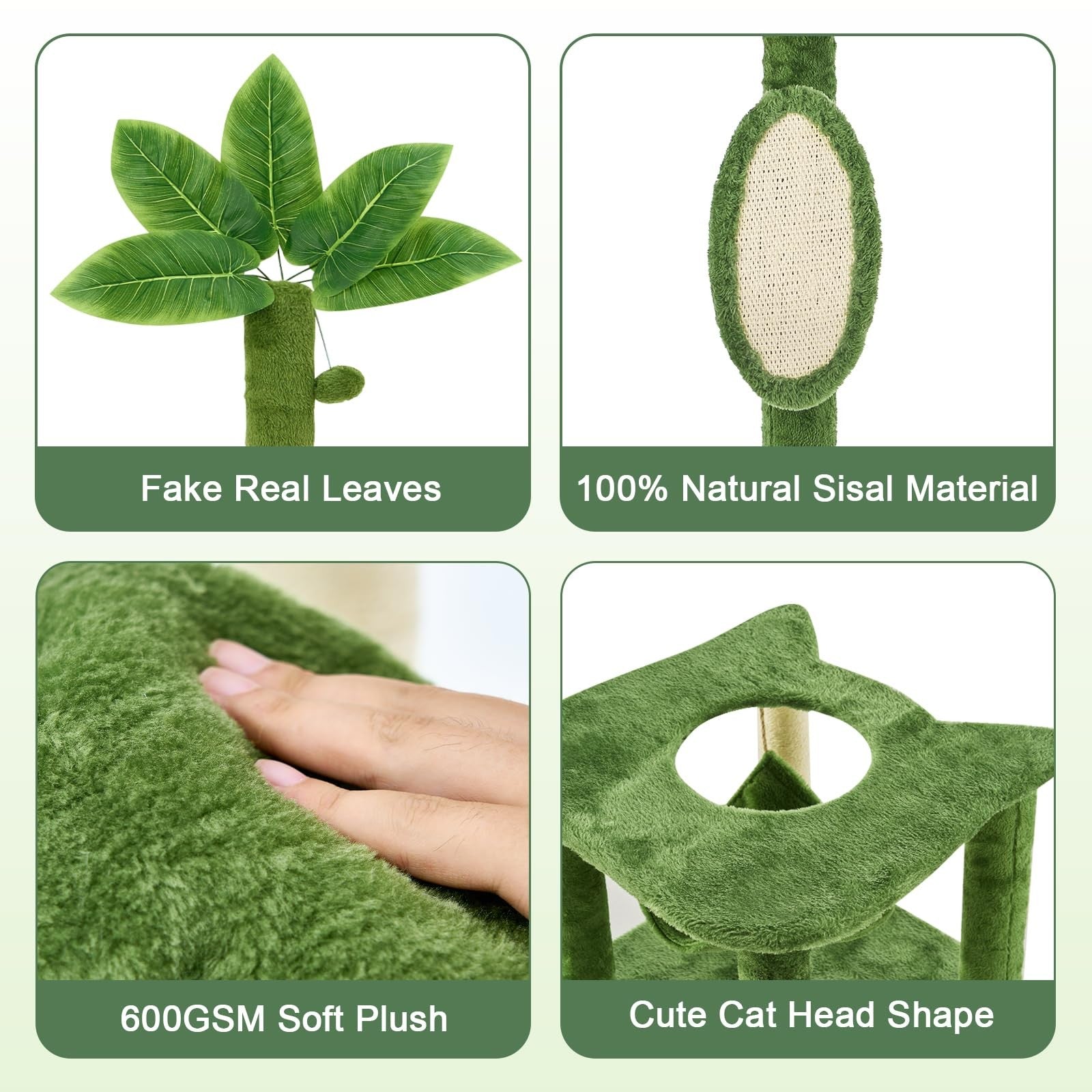 TSCOMON 61-inch multi-level cat tree with green leaf accents, featuring platforms, hiding spots, and a hammock for cats to climb and rest.