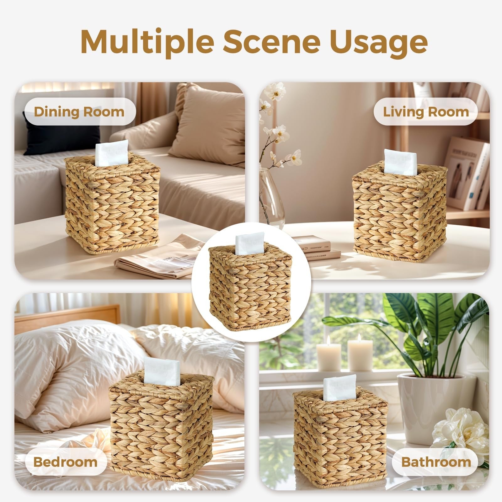 KALEKAIL 4-pack wicker tissue box covers, square rattan holders with boho design for bathroom or living room decor