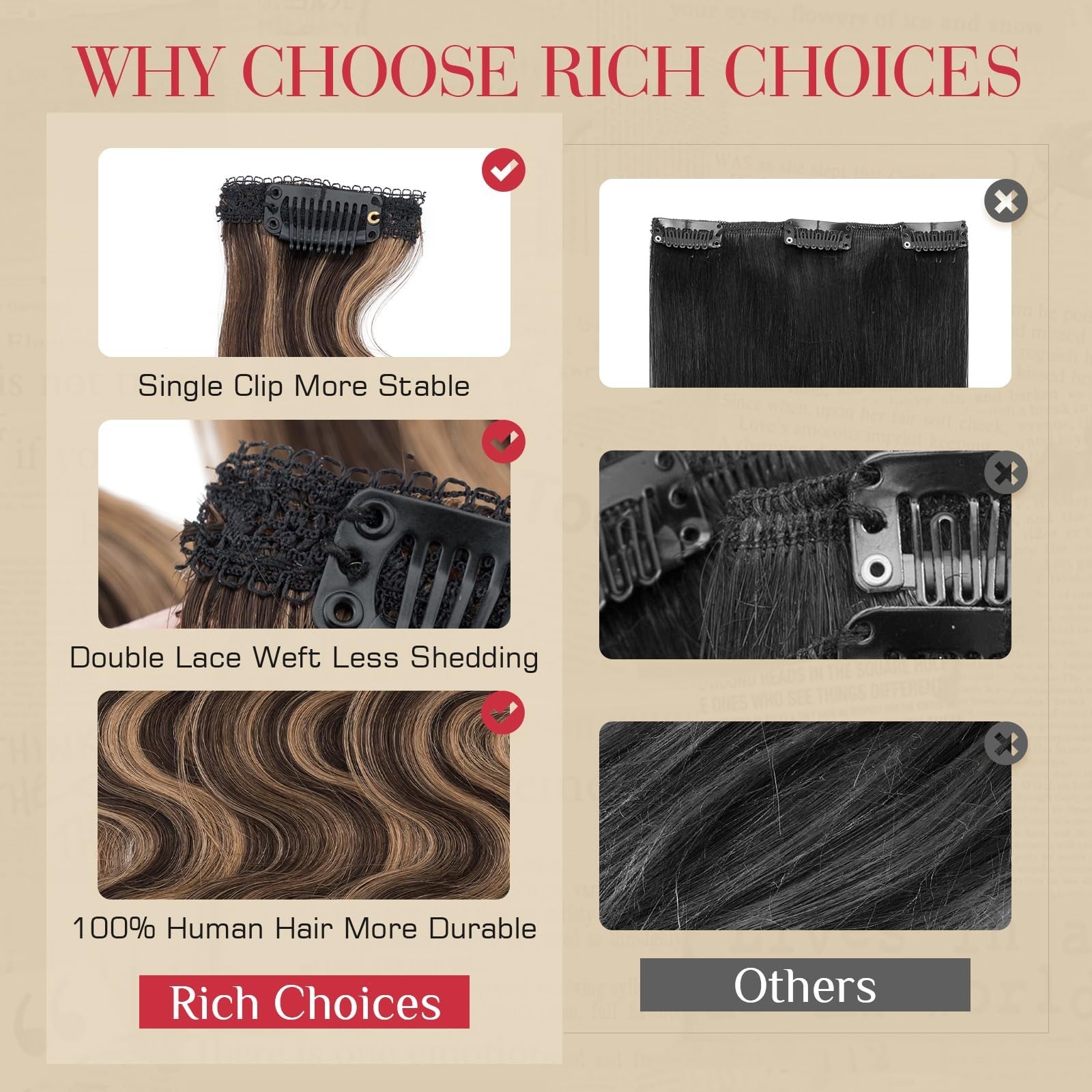 Rich Choices short clip-in hair extensions with curly and wavy real human hair in a set of six, shown in natural brown shades.