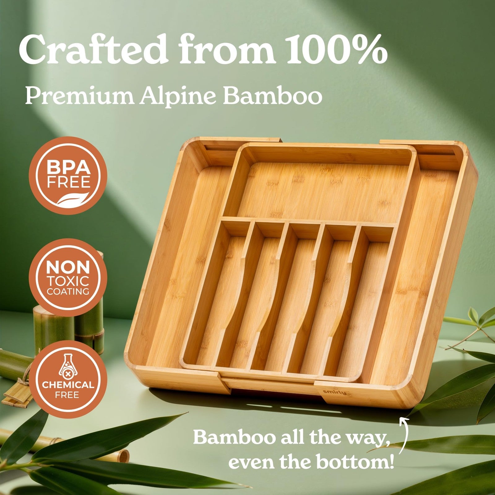 Adjustable bamboo silverware drawer organizer with multiple compartments for kitchen drawer storage.