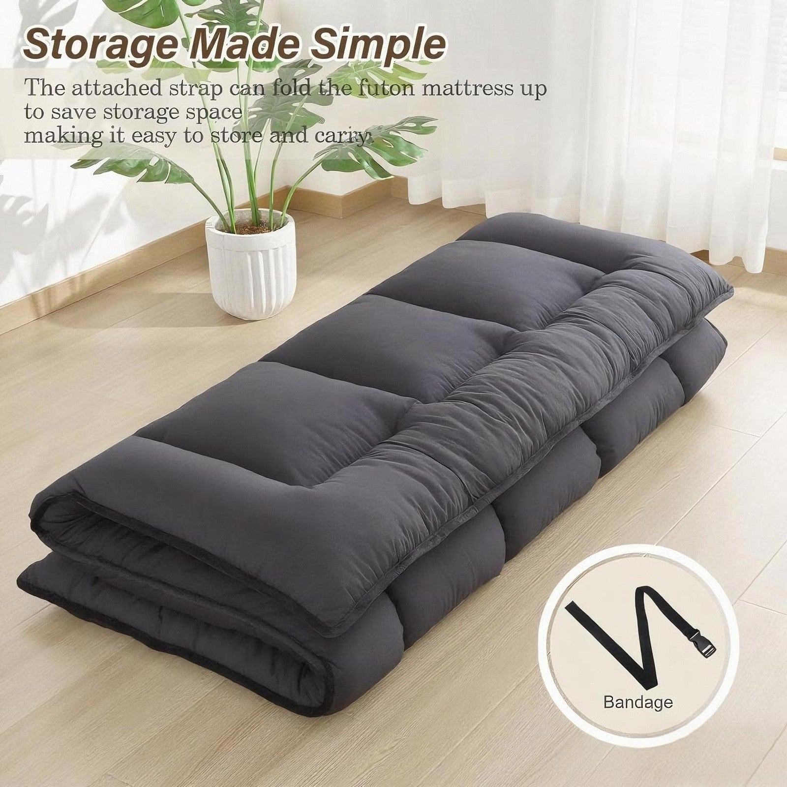 Shouren Japanese foldable floor mattress in grey, portable roll-up futon mattress for sleeping or lounging at home or travel.