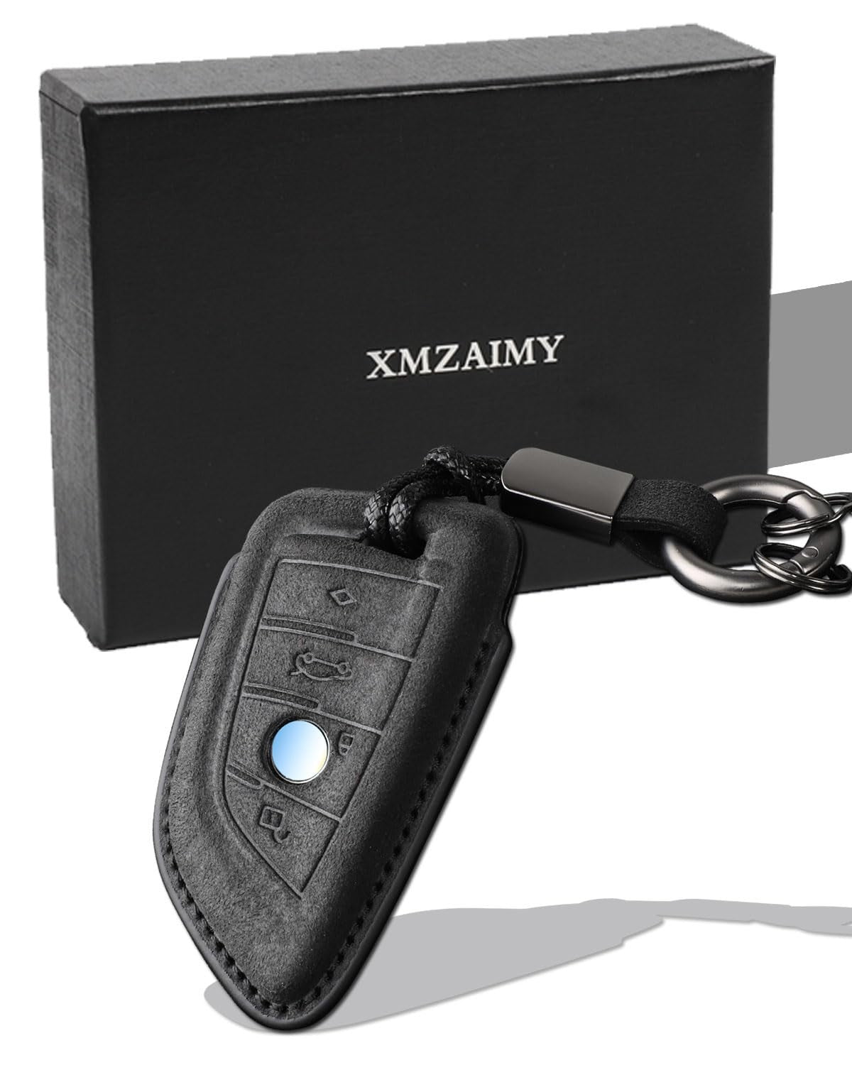 XMZAIMY BMW key fob cover with attached keychain for 3, 5, 6, 7 series and X1, X2, X3, X5, X6 models, black and durable design