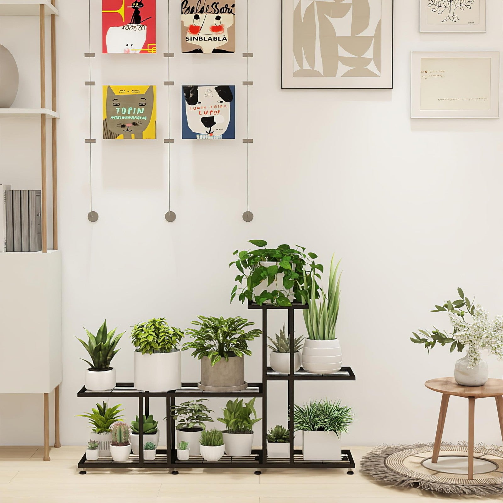 Black metal corner plant stand by HusDream for indoor and outdoor patio plants, designed to fit in corners and display potted plants.