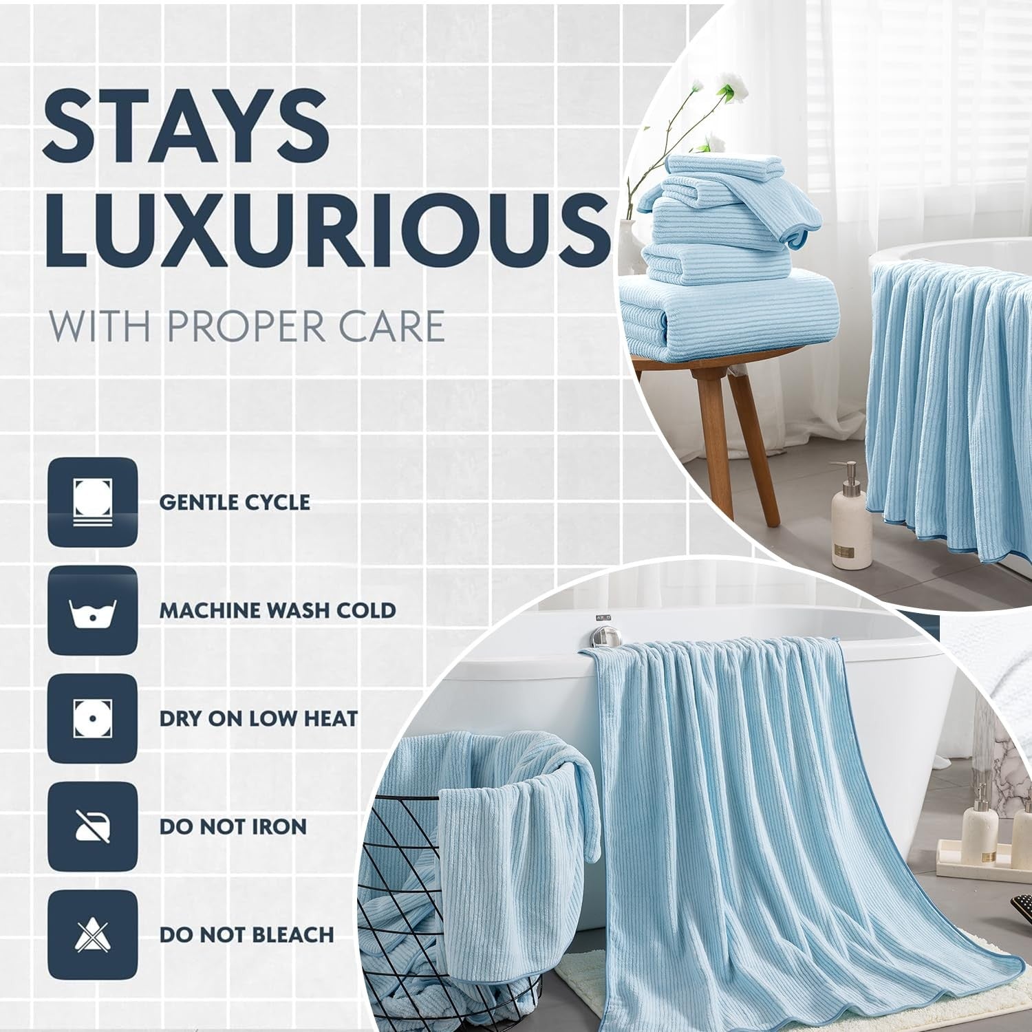Set of 8 Jessy Home microfiber towels including oversized bath sheets and hand towels, shown in a hotel bathroom setting.