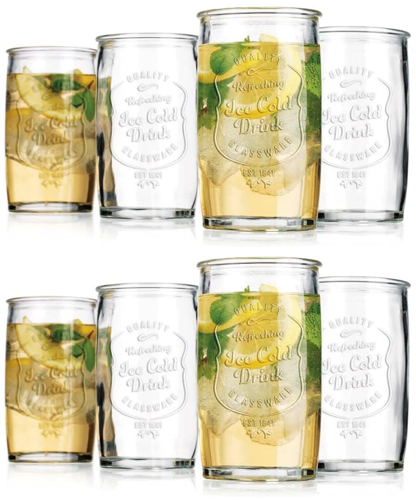 Set of 8 Glaver's highball glass cups, 20 oz stemless tall drinking glasses for beverages, clear and modern design.