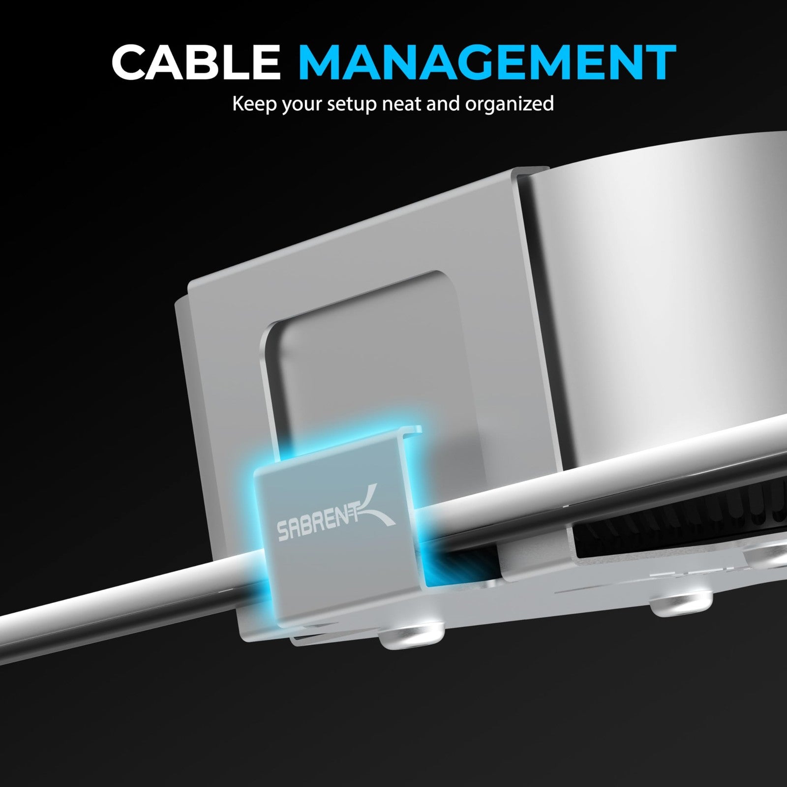SABRENT Aluminum desk and wall flex-mount for Mac mini 2024+ with scratch-resistant finish, shown installed on a desk or wall.