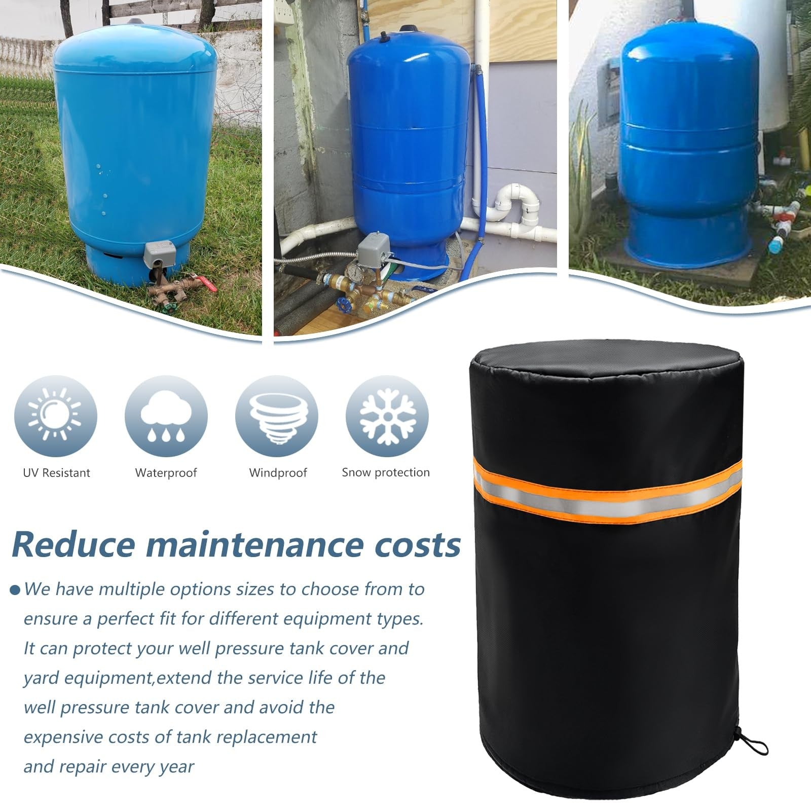 Exokugo round well pump cover with five fins, insulated pressure tank cover for protecting and insulating well pressure tanks.