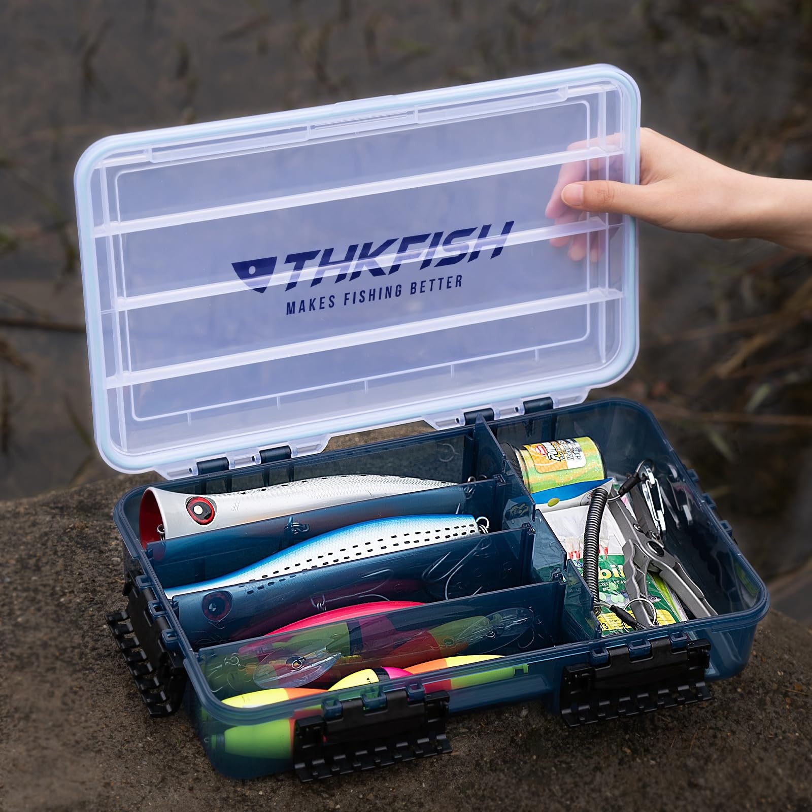 THKFISH fishing tackle box 3600 with floating lure tray, storage compartments for fishing gear and accessories.