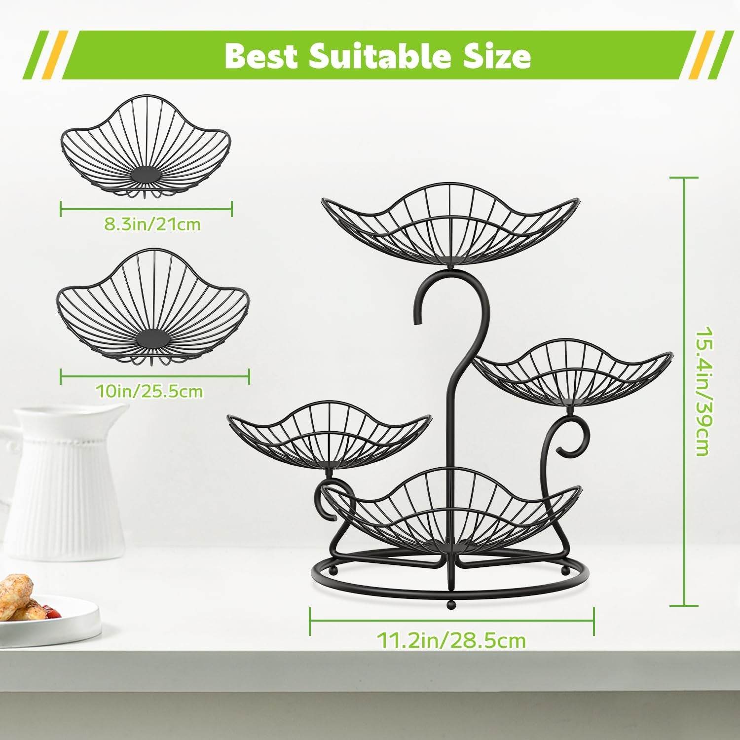 PouHenier.jh 4-tier black metal fruit basket stand with removable bowls for kitchen countertop