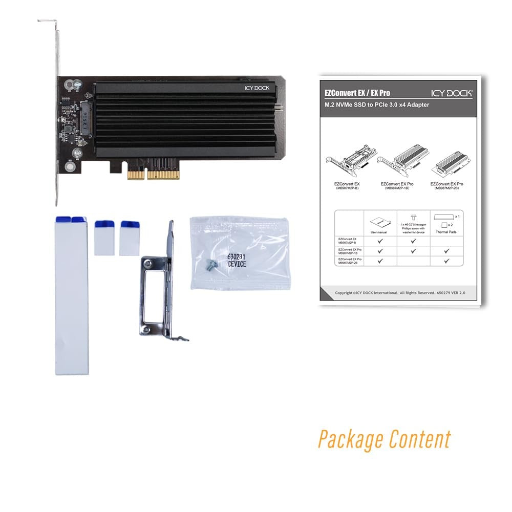 ICY DOCK M.2 NVMe SSD to PCIe X16/X8/X4 adapter card with large aluminum heat sink and PCIe slot for high-speed SSD installation.