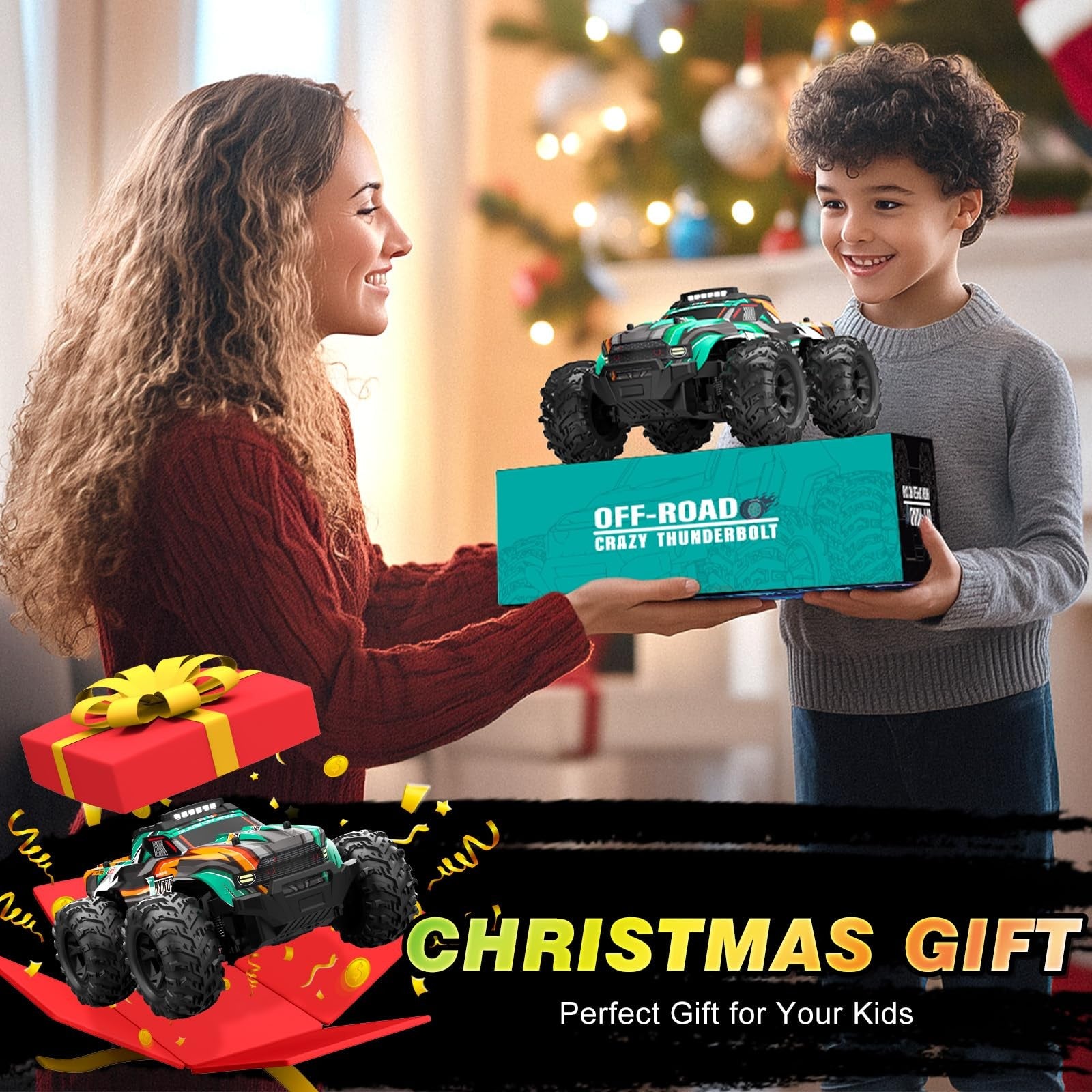 BLUEJAY 1:16 all-terrain high-speed remote control car, rugged RC truck for boys, shown on rough outdoor terrain.