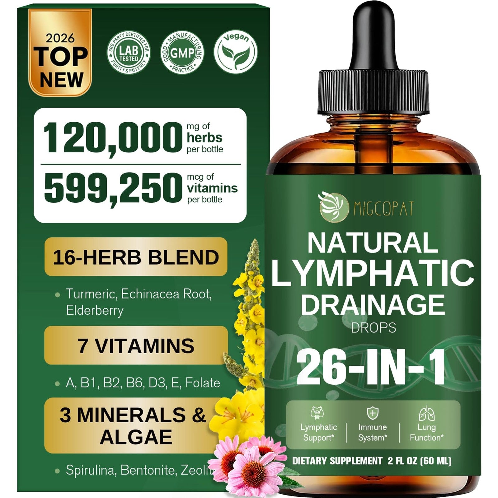 Migcopat 26-in-1 liposomal lymphatic drainage drops with echinacea, turmeric, and elderberry in a glass dropper bottle.