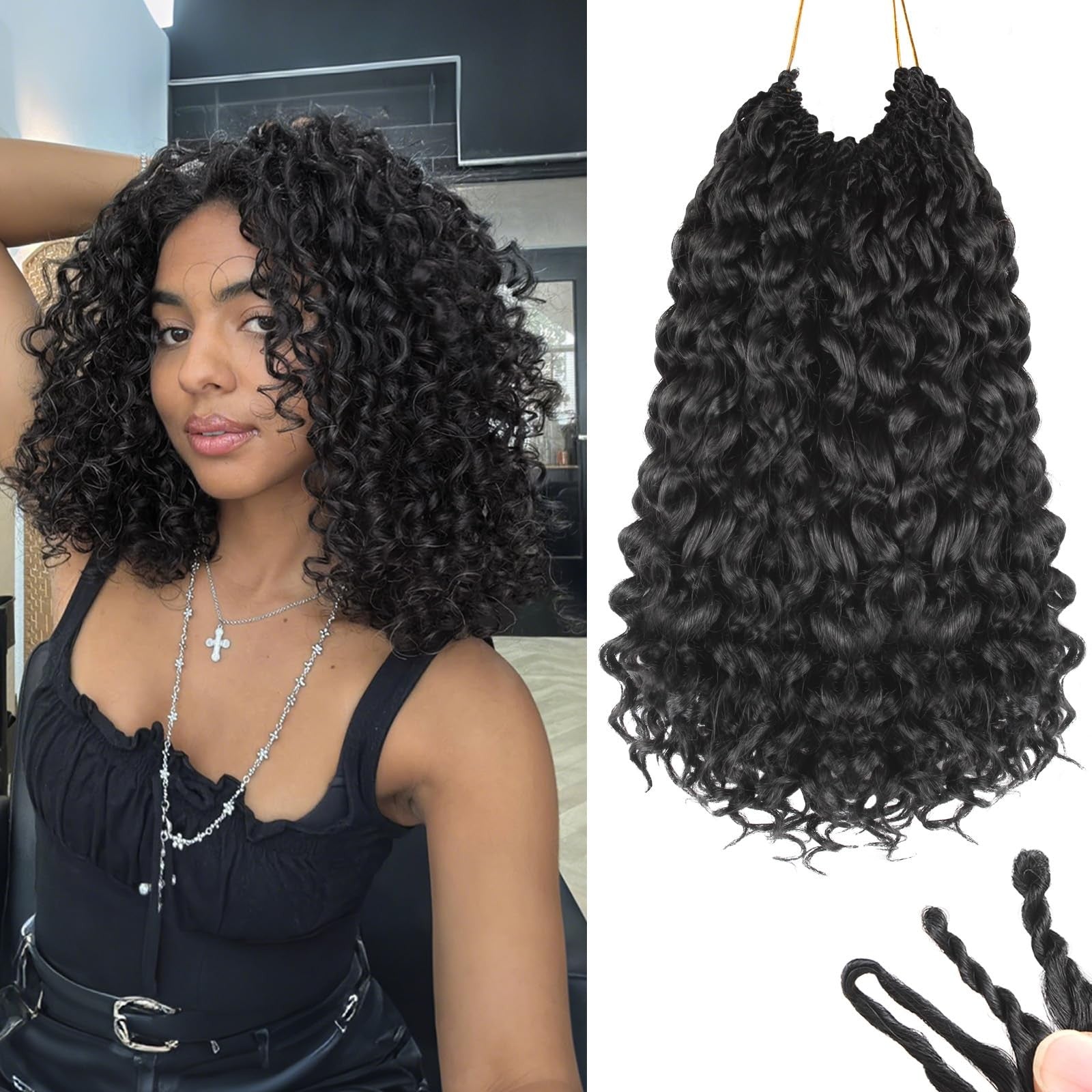 AIBEO 120 strands of curly crochet hair made from pure protein fiber resembling natural human hair, displayed in a close-up shot.