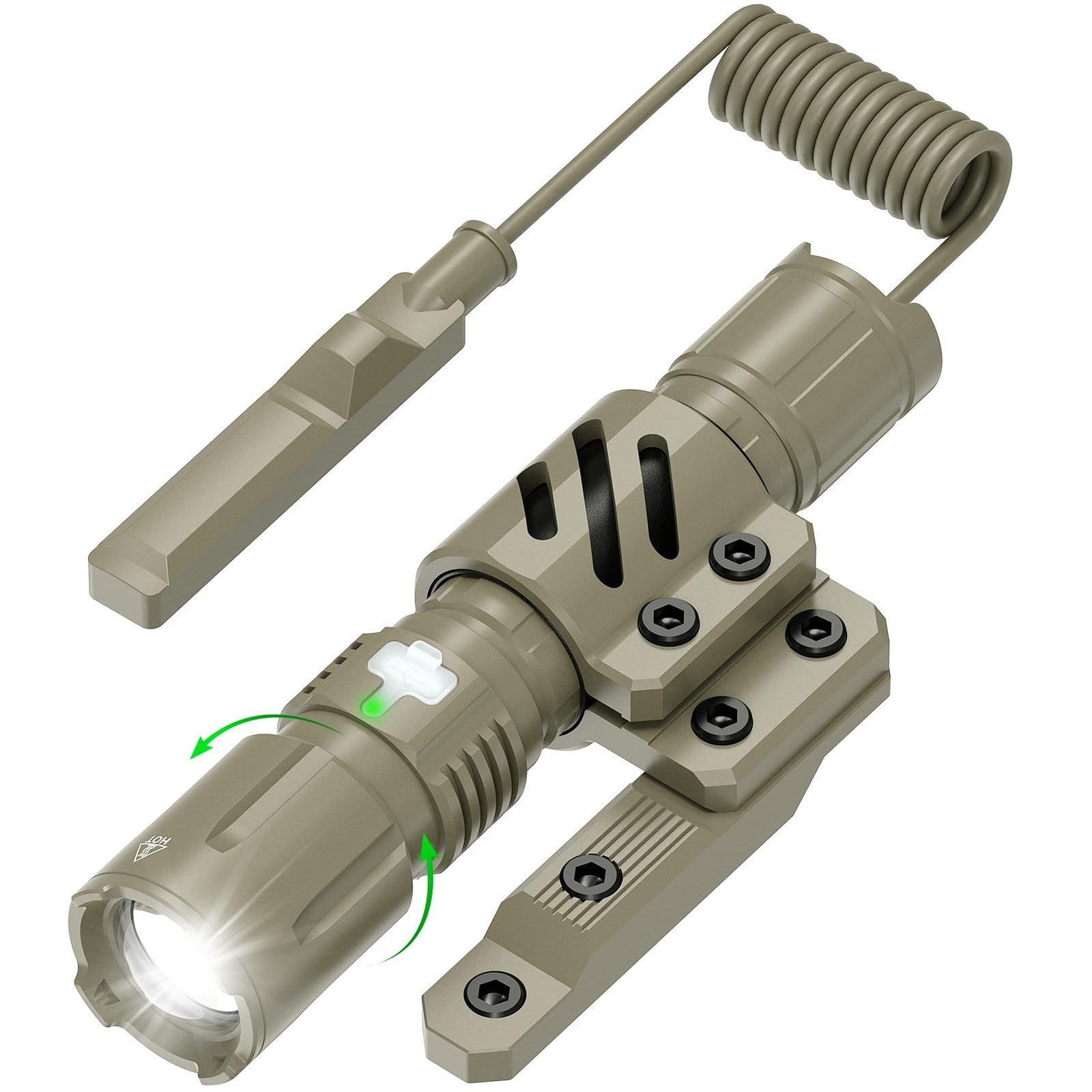 Feyachi tactical flashlight with M Lock mount, pressure switch, and hard-anodized finish, shown with offset mount and pressure switch attached.