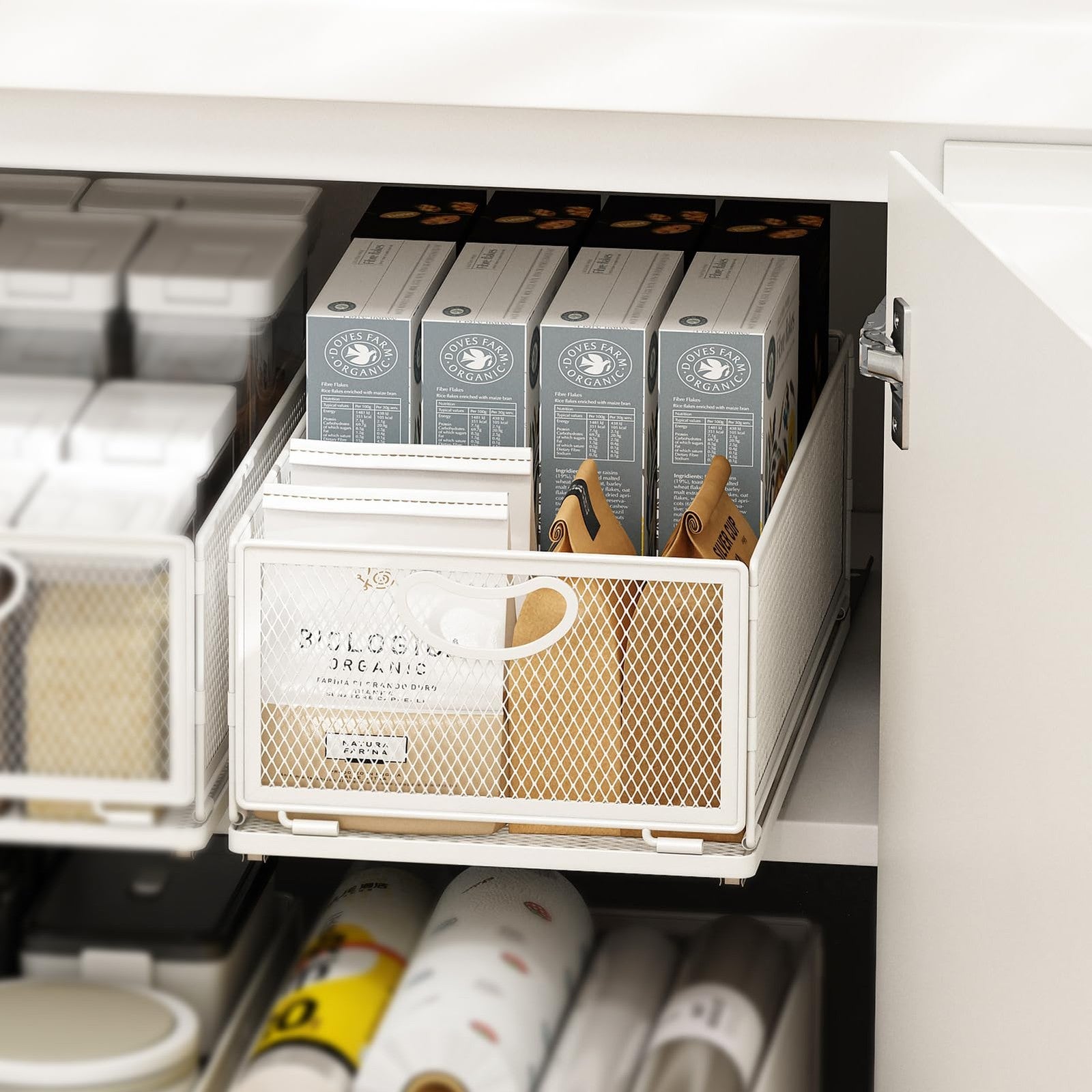 AmzAge pull out cabinet organizer with sliding drawers and no-drill adhesive, designed for kitchen storage and easy access.