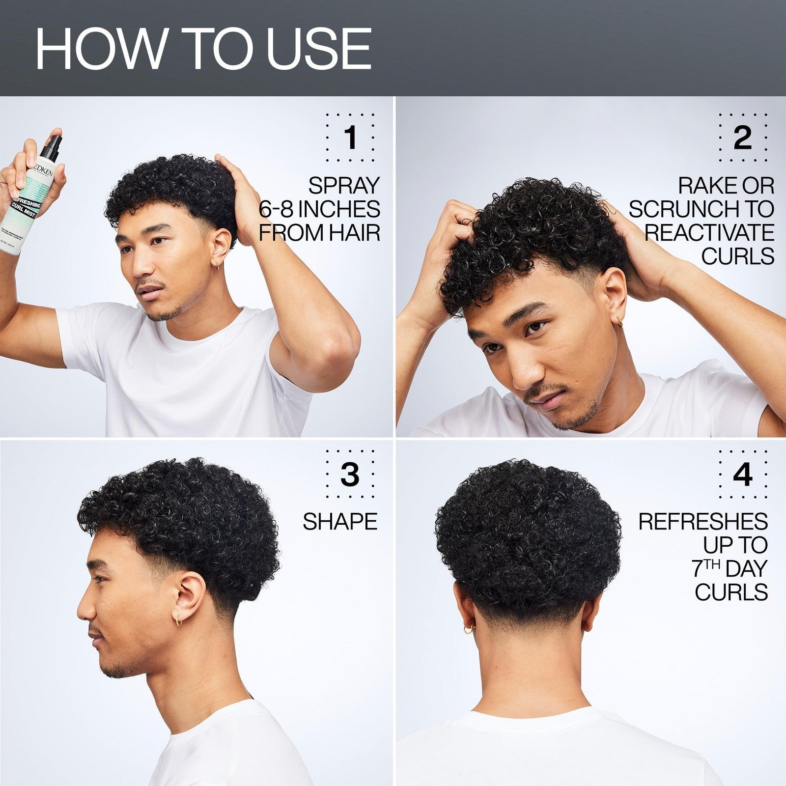 Redken Curl Refreshing Spray for curly and coily hair, hydrating and defining curls, shown in a spray bottle on a white background.