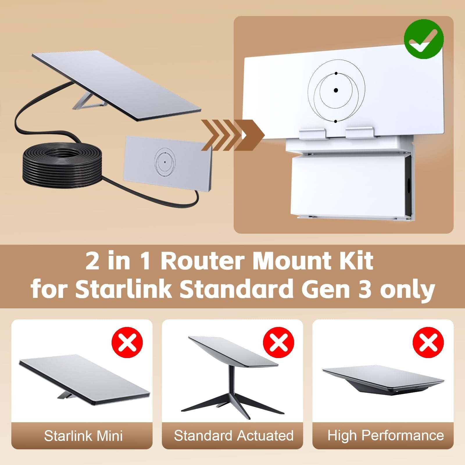 UBeesize Starlink Mount for Standard Gen 3 Router, wall-mounted with cable caddy, securely holding the router and managing cables.