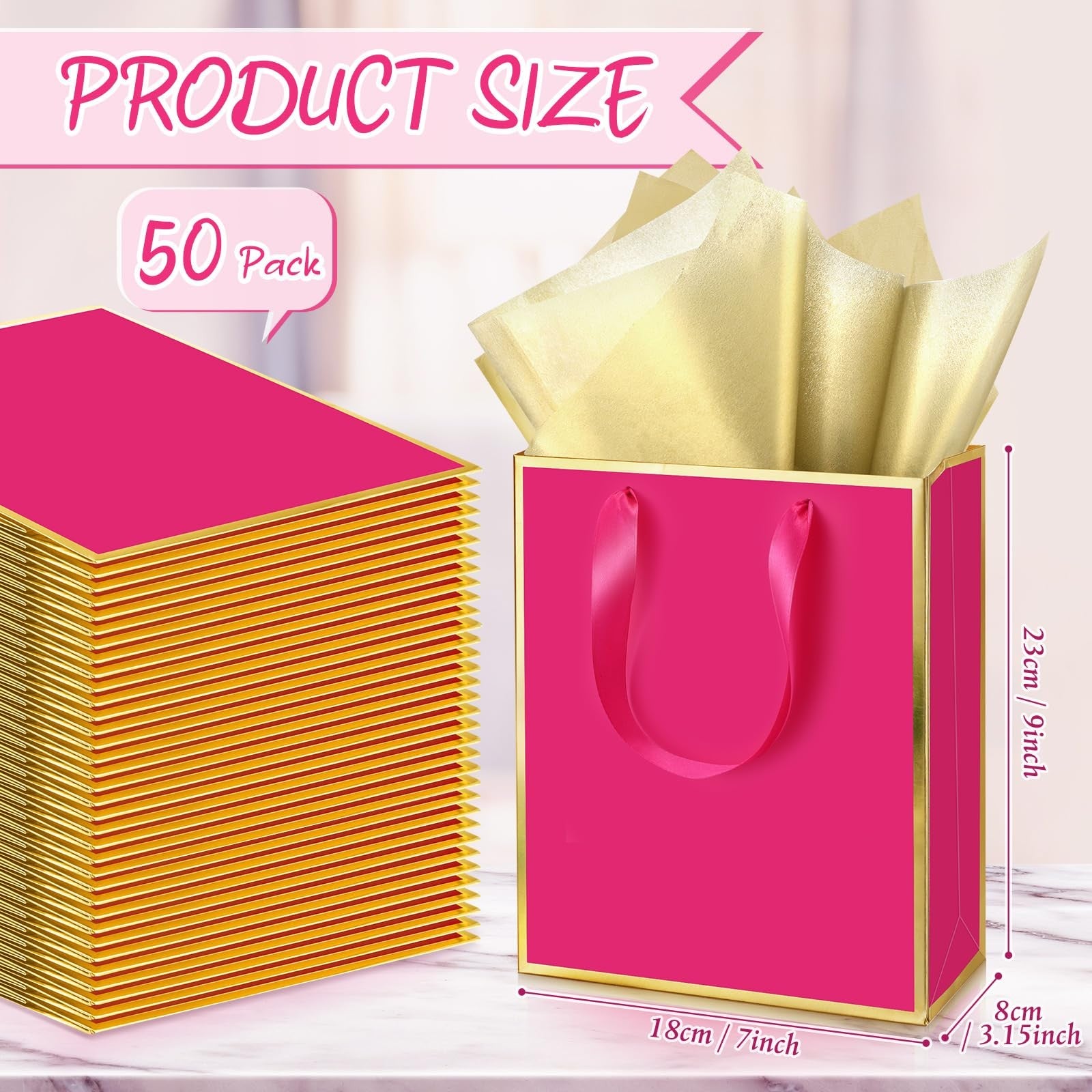 Yeaqee 50-pack metallic gold gift bags with handles and tissue paper, ideal for gift wrapping and celebrations.