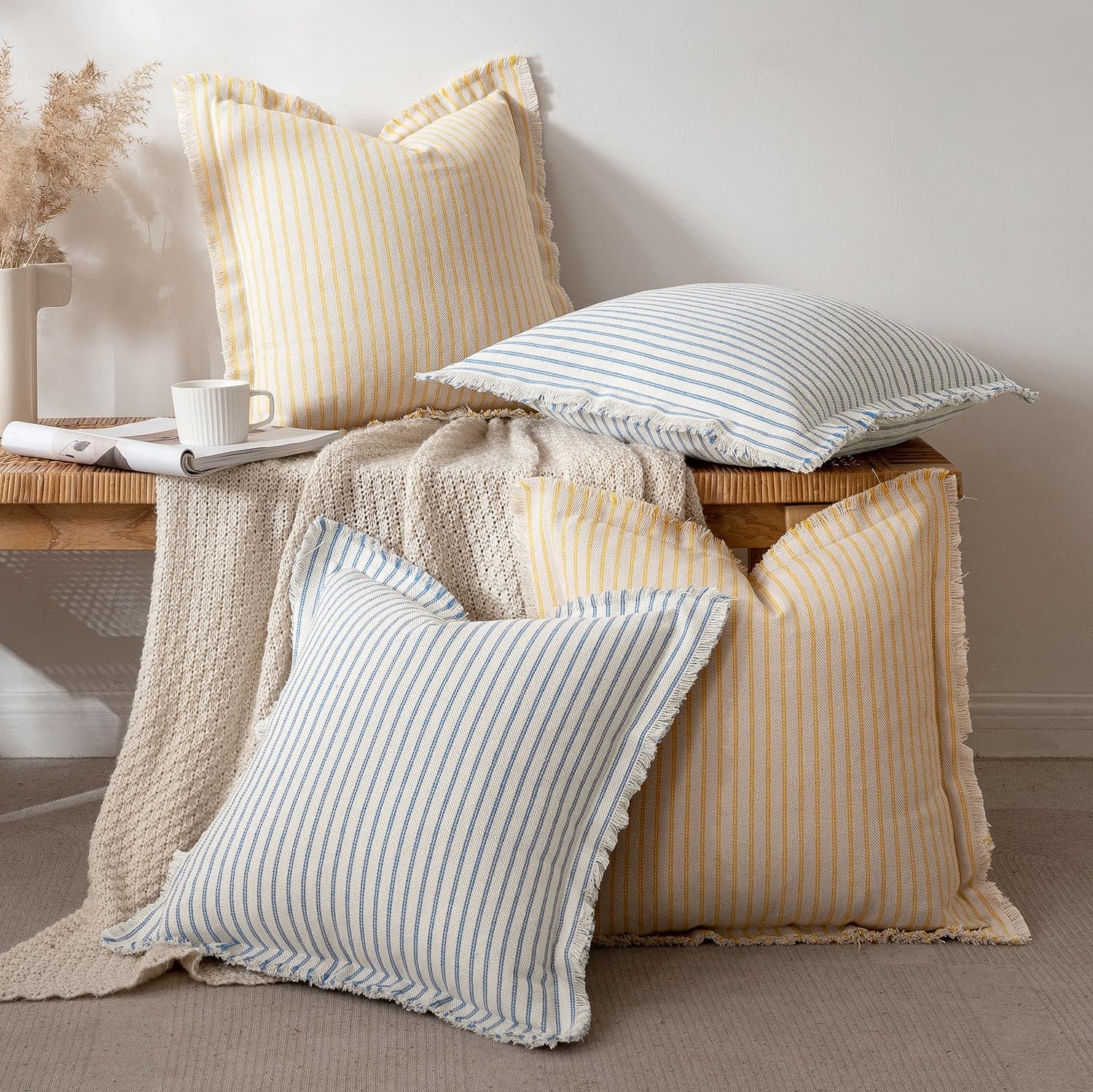 Pair of MIULEE light blue striped pillow covers, 18x18 inches, farmhouse style for couch or sofa decoration.